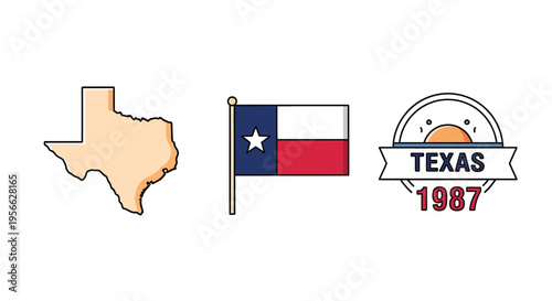 Texas outline, state flag, and retro badge design set