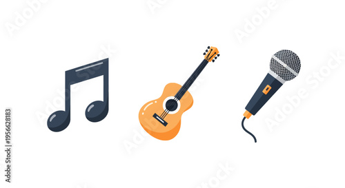 Colorful music elements featuring guitar, microphone, and musical note icons