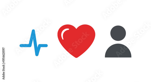 Healthcare and fitness icons: heartbeat, heart, person symbols for wellness