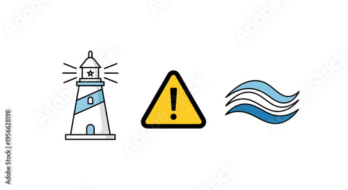 Lighthouse warning with waves: coastal symbol in minimalist style