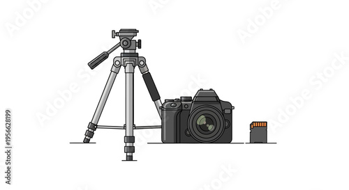 Camera and tripod set with memory card on white background