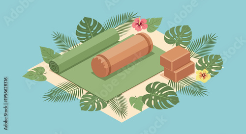An isometric illustration depicts rolled mats blocks and tropical foliage against a teal background silhouette high quality professional detailed modern elegant