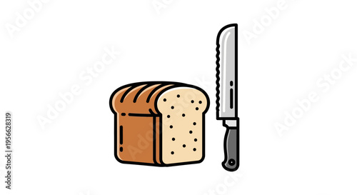Simple cartoon of a bread loaf with a knife on white background