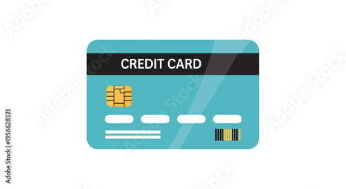 Blue credit card design with emv chip and barcode on white background