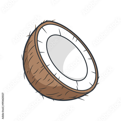 A halved coconut rests on a white background, revealing its white flesh.