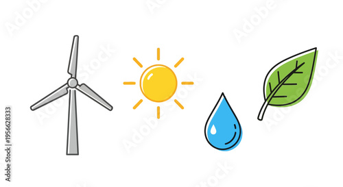 Renewable energy icons: wind turbine, sun, water drop, and leaf in minimalist style