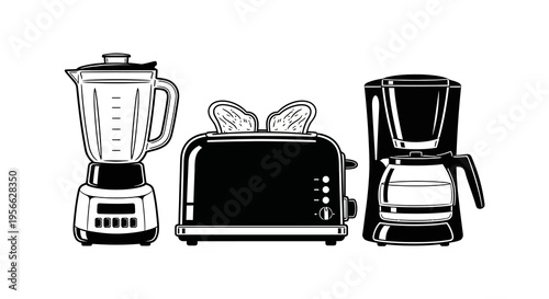 Retro kitchen appliances: blender, toaster, and coffee maker in black and white design