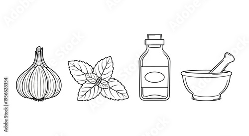 Herbal remedies: garlic, mint, herbal oil, and mortar and pestle in linear style
