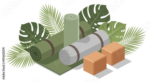 A colorful arrangement of camping gear including rolled mats boxes and tropical foliage presented as a silhouette high quality professional detailed