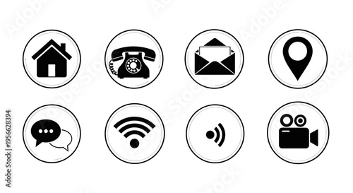 Essential communication and location icons in minimalist circular design