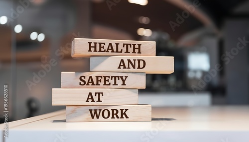 Stacked wooden blocks with the phrase Health and Safety at Work on a blurred office background.