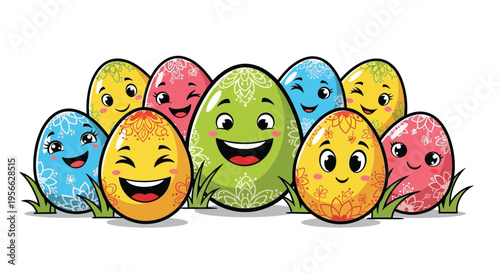 Colorful smiling easter eggs gathered together with grass blades