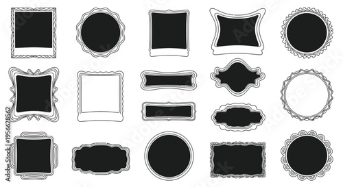 Collection of various black frames and blank labels on a white background