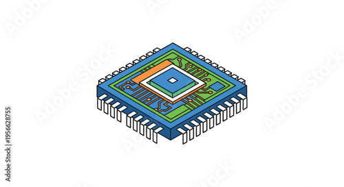 Isometric illustration of a microchip with vibrant colors and detailed circuitry showcasing technological advancement silhouette high quality professional modern elegant
