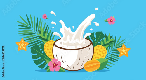 A vibrant illustration showcasing a splashing coconut tropical fruits and lush foliage presented as a bold silhouette high quality professional detailed