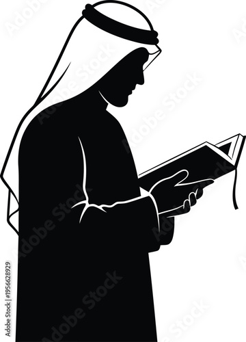 Vector illustration of man in traditional Arabic attire reading