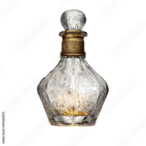 Clear Glass Bottle With an Ornate Design and Golden Accents Placed on a Light...