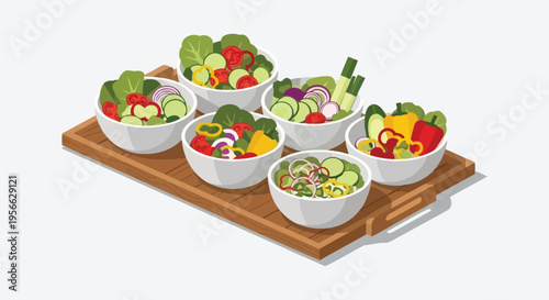 A colorful array of fresh salads presented on a wooden serving tray showcasing healthy eating habits silhouette high quality professional detailed