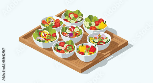 A vibrant assortment of colorful fresh salads presented in white bowls on a wooden serving tray silhouette high quality professional