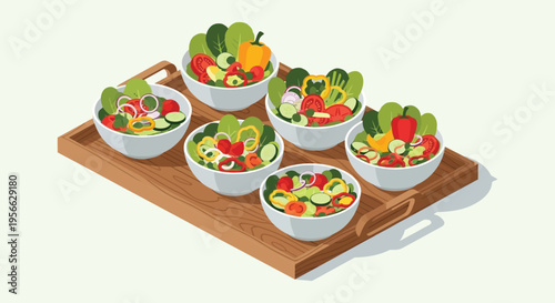 A vibrant assortment of colorful salad bowls presented on a wooden serving tray displaying fresh ingredients silhouette high quality professional