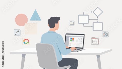 Person working on laptop with design tools