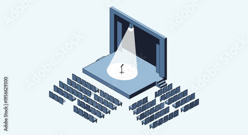 An isometric view of a stage with a bright spotlight illuminating a lone figure a distinct silhouette high quality professional detailed