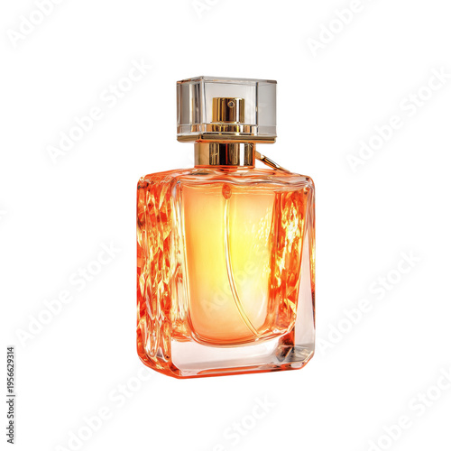 Bright Perfume Bottle With Orange Liquid Placed on Plain Background Showing R...