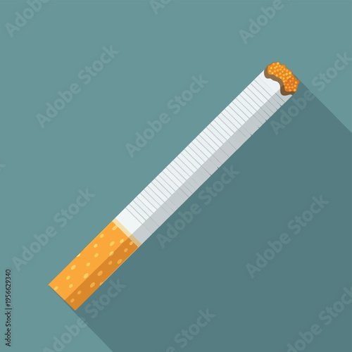 A single cigarette with an orange filter lies diagonally on a teal background.