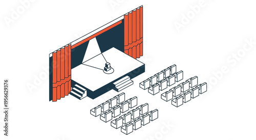 A minimalist stage setup with seating featuring a central spotlight and a darkened figure a silhouette high quality professional detailed