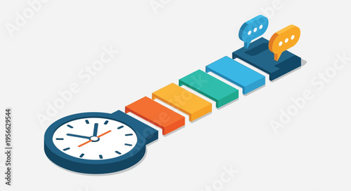 A colorful isometric pathway representing time management starting with a clock and ending with communication silhouette high quality professional detailed modern