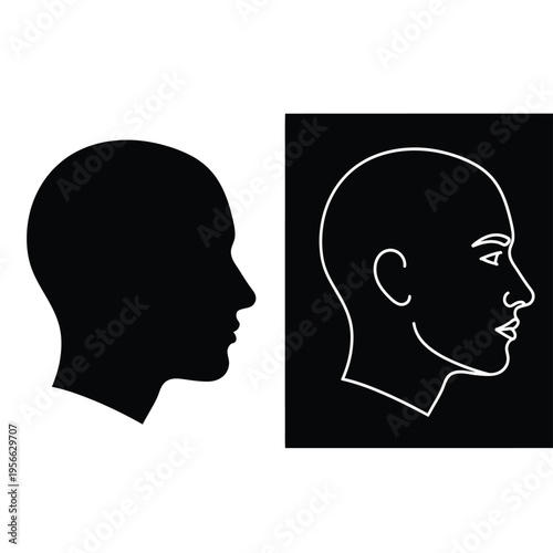 A black silhouette of a human head profile is next to a white outline of a human head profile on black.