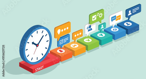 A colorful isometric illustration depicting time management productivity and progress starting with a clock silhouette high quality professional detailed modern elegant
