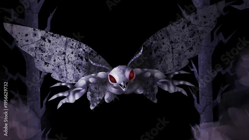 mothman cryptid monster flying aggressively in forest