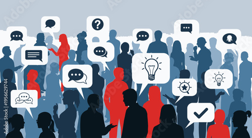 People with speech bubbles icons talking.