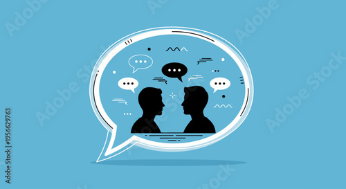 Two people talking in speech bubble.