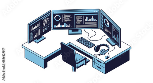 An isometric view of a modern workstation setup with three monitors a keyboard and headphones silhouette high quality professional detailed