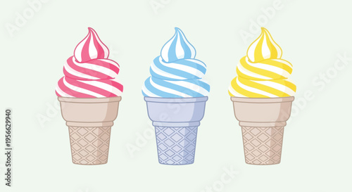 Three colorful swirled soft serve ice cream cones presented against a pastel mint background silhouette high quality professional detailed modern elegant