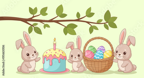 Cute bunnies enjoying easter celebration with cake and colorful eggs under tree branch