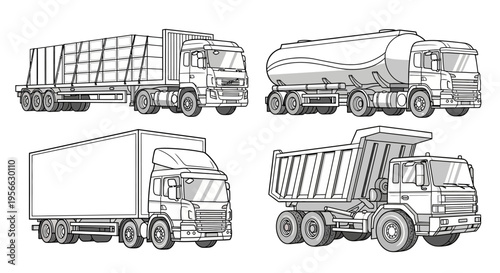 Detailed heavy-duty trucks set in monochrome design for transport needs