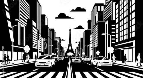 Monochrome city street with traffic and pedestrians in urban landscape