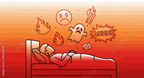 Nightmares and anxiety depicted in a linear art style with ghost and flames