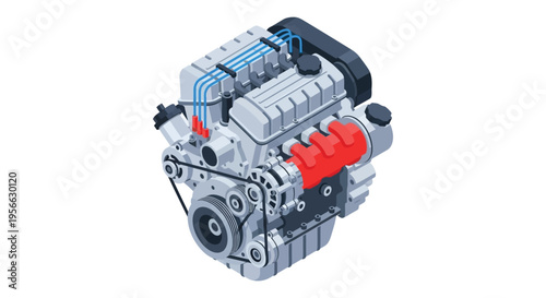Detailed isometric illustration of a v8 engine with various components rendered in a stylized flat design silhouette high quality professional detailed