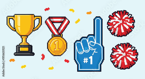 Pixelated icons representing victory a trophy medal foam finger and pom poms in a celebratory arrangement silhouette high quality professional