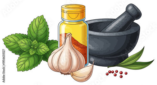 Herbal medicine concepts with garlic, basil, and mortar and pestle