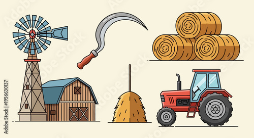 Farm equipment and structures: windmill, barn, tractor, and hay