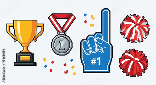 A vibrant collection of winning symbols a trophy medal hand and pom poms in a pixelated style silhouette high quality professional detailed