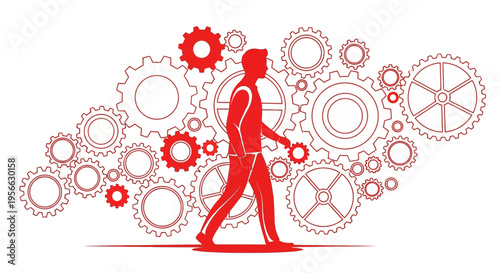 Businessman silhouette walking with red gears and cogs in the background