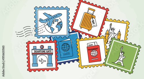 Colorful travel-themed stamp collection featuring iconic symbols and landmarks