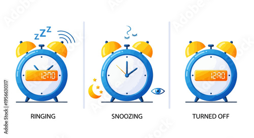 Cute alarm clock stages: ringing, snoozing, off - playful icons