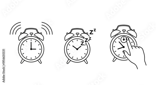 Simple illustration of alarm clock: ringing, snooze mode, stop function
